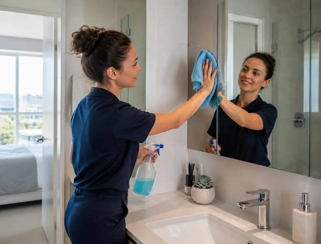 Cleaner scrubbing a glass shower screen during an end of lease clean