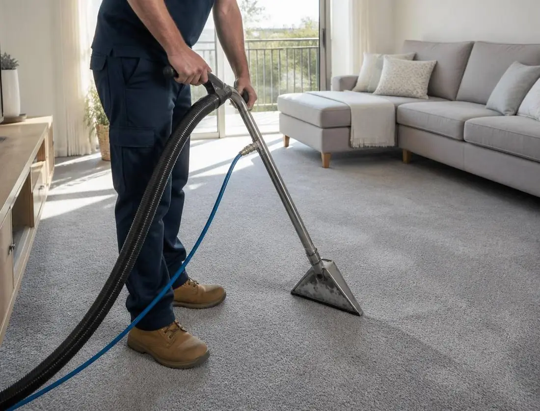 Technician steam cleaning carpet with a hot water extraction wand in an empty living room