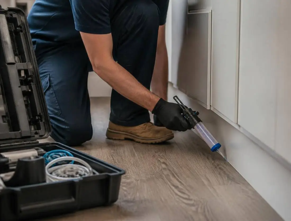 Pest technician treating along interior skirting boards of an empty home